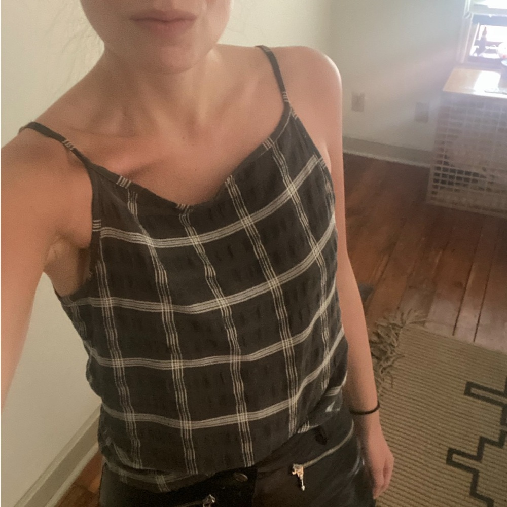 cotton linen plaid tank top 🖤
